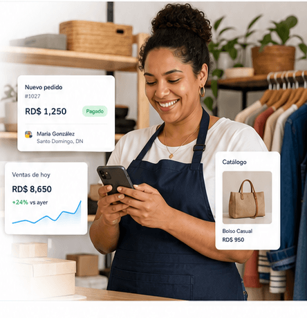 Vendedora dominicana usando MarketplaceGo desde su tienda