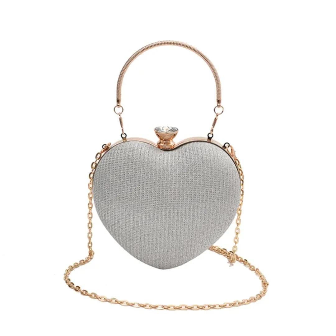 Bolso de Fiesta Tipo Clutch Plateado en Forma de Corazón con Brillo y Cadena Dorada