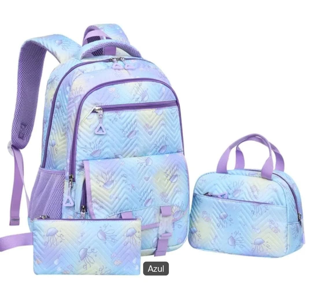 Set Escolar 3 en 1: Mochila, Lonchera y Cartuchera con Estampado Marino Degradado en Azul