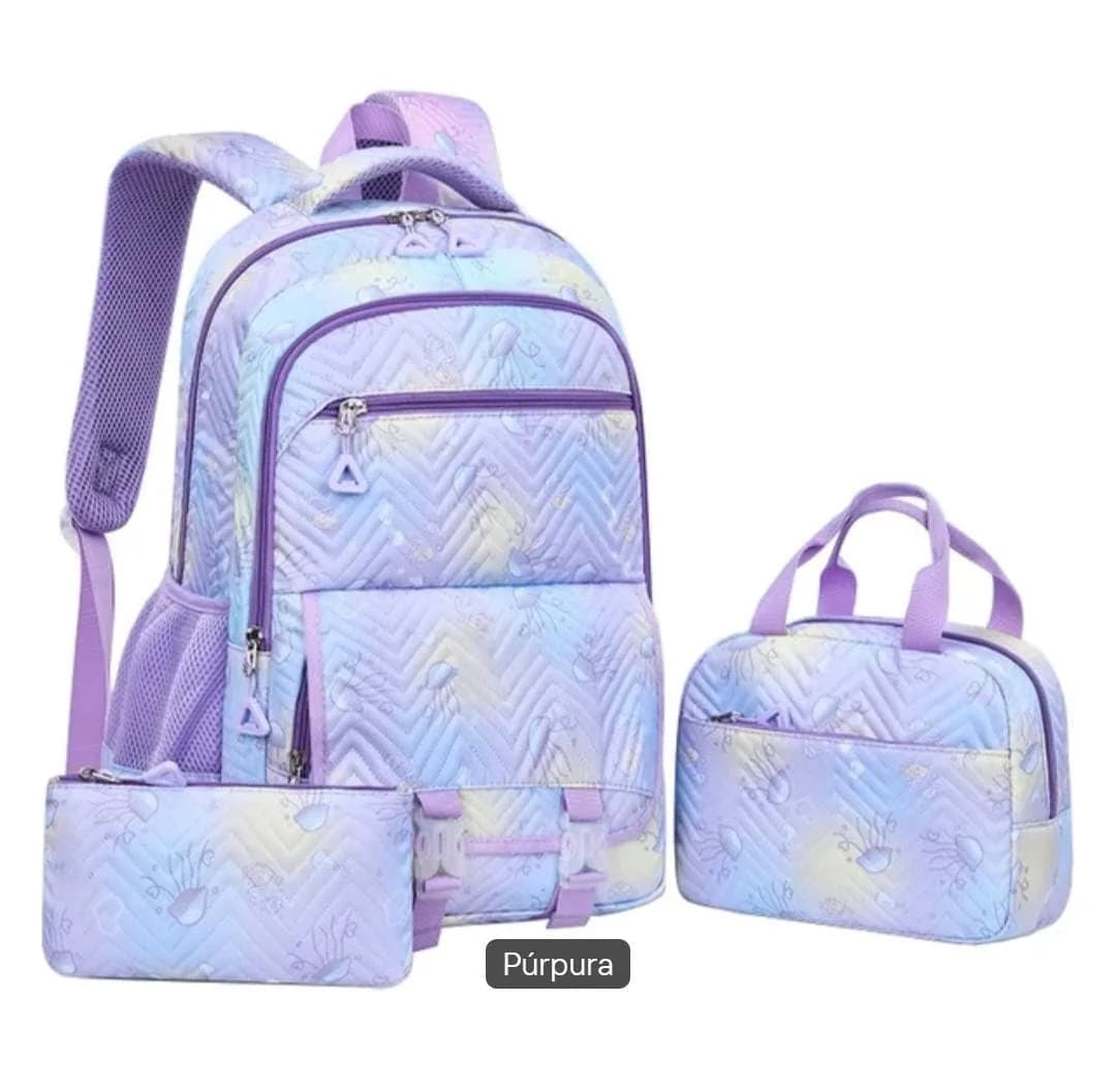 Set Escolar 3 en 1: Mochila, Lonchera Termal y Cartuchera con Estampado Marino Degradado en Púrpura