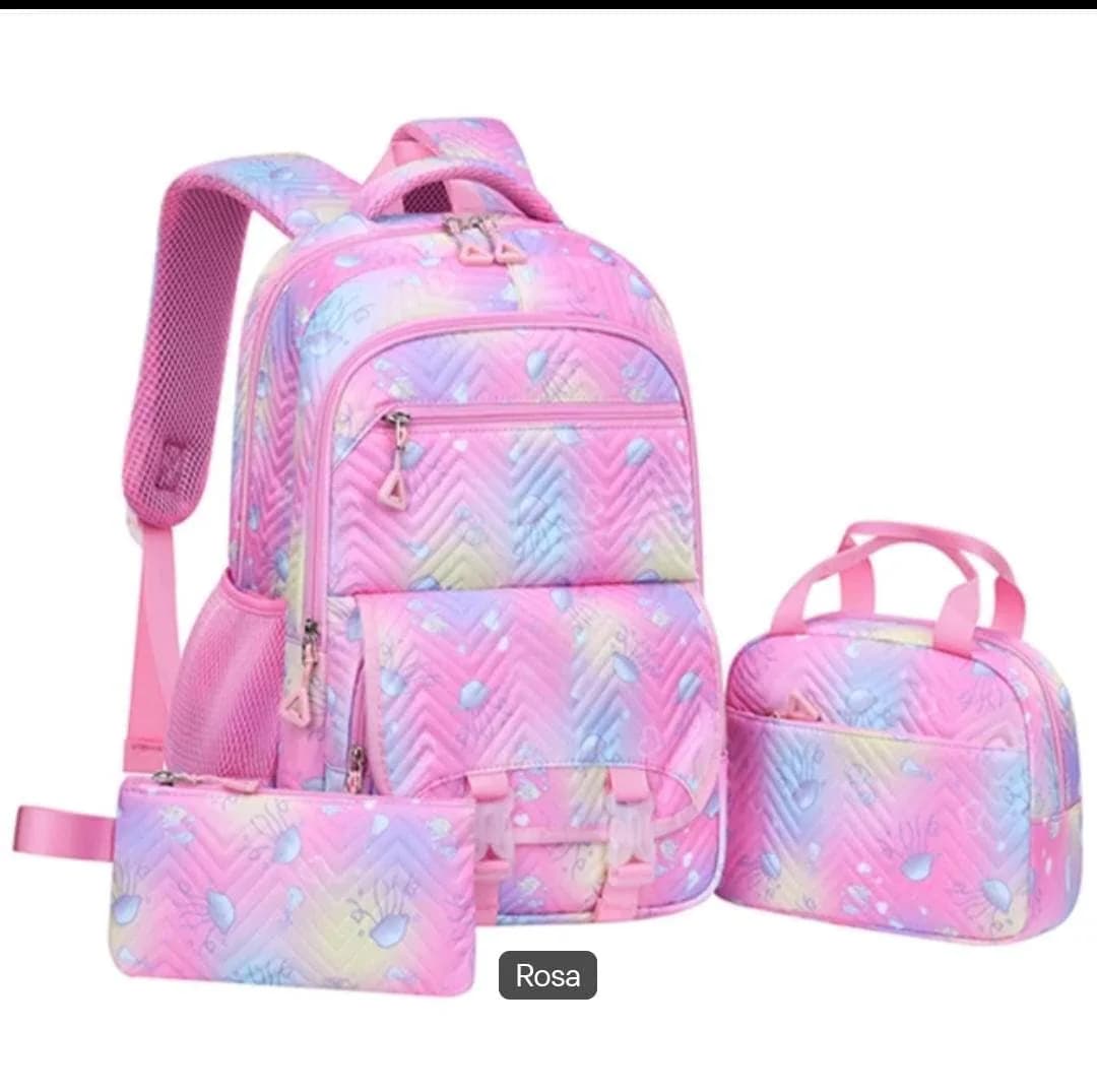 Set Escolar 3 en 1: Mochila, Lonchera y Cartuchera con Estampado Marino Degradado en Rosa